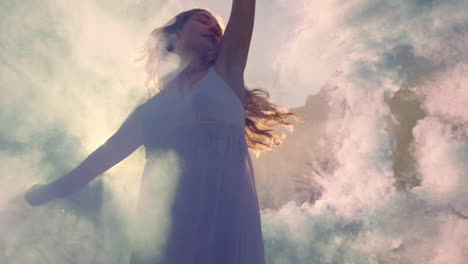 woman dancing with purple smoke grenade on beach celebrating creative expression with playful dance in slow motion