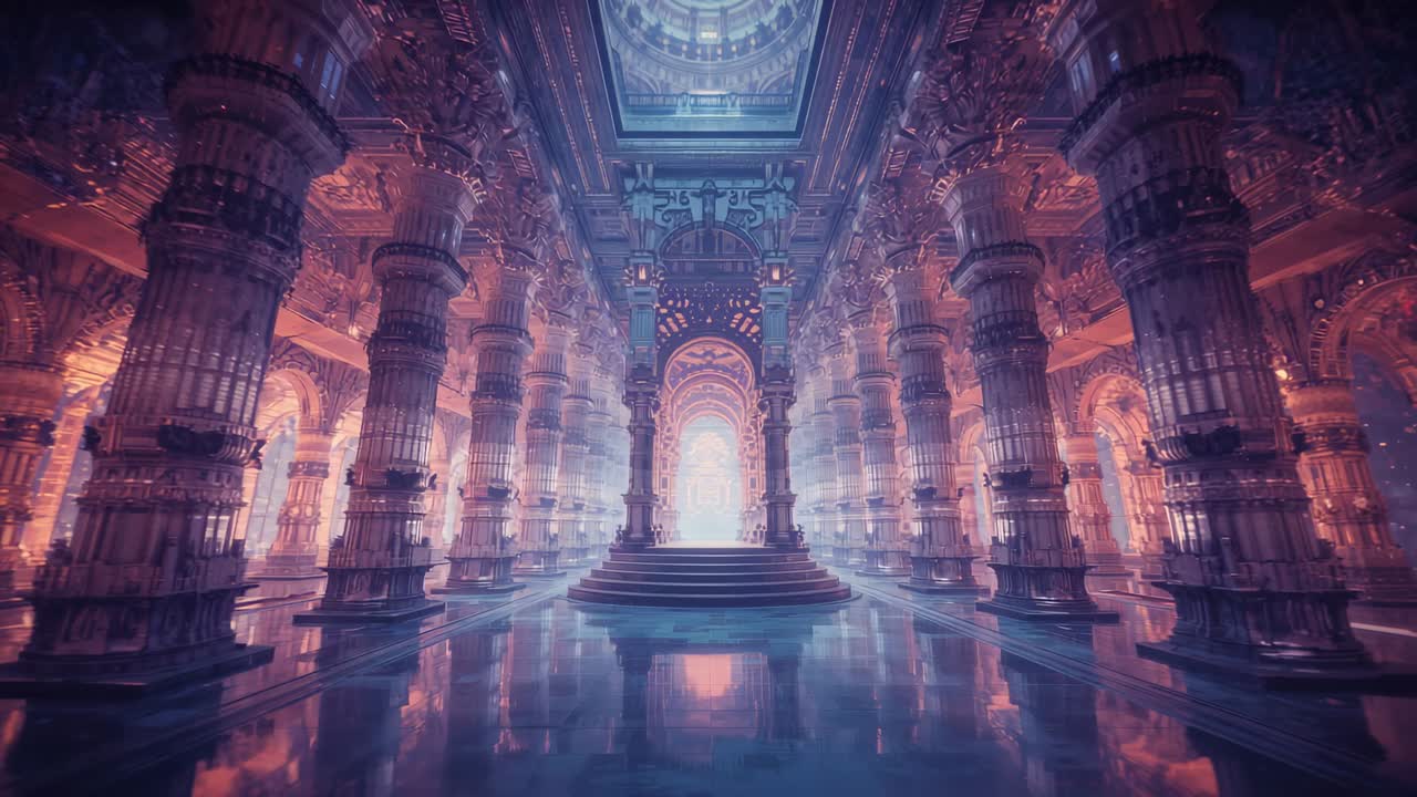 Camera gliding through temple hall past carved columns revealing glowing portal above dais