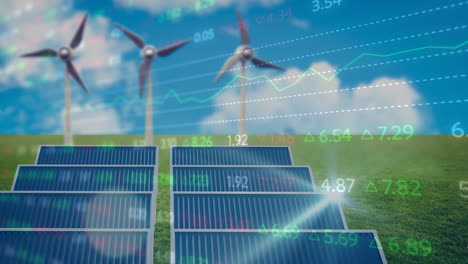 animation of financial data processing over wind turbines and solar panels