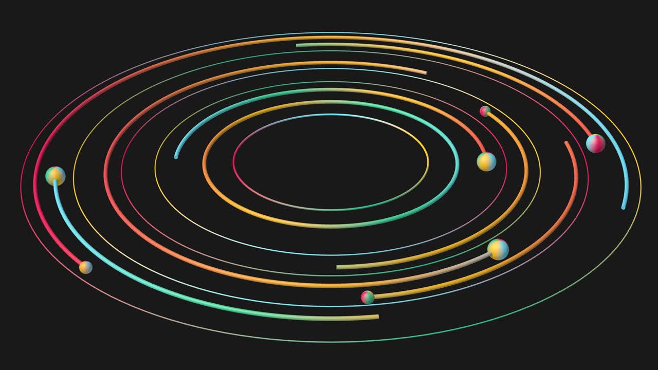 파란색, 녹색, 빨간색, 노란색 원과 공, 추상 애니메이션, 3d 렌더링, 클로즈업