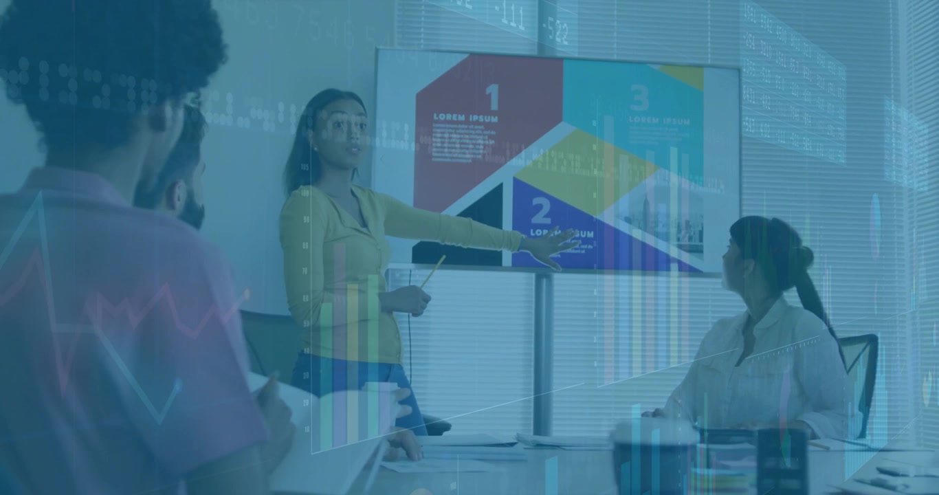 female presenter pointing at infographic chart in business meeting, team analyzing data points