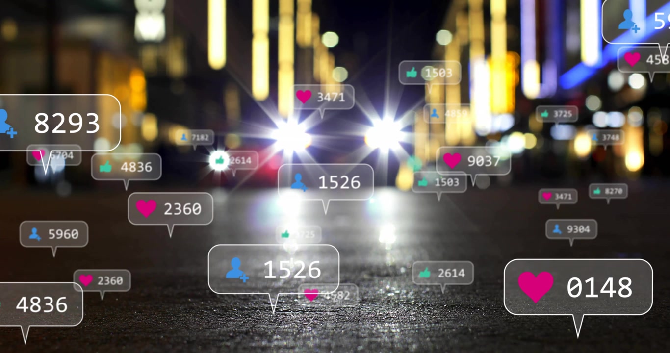 Distant headlights emerging on city street spawning reaction bubbles showing engagement fading out