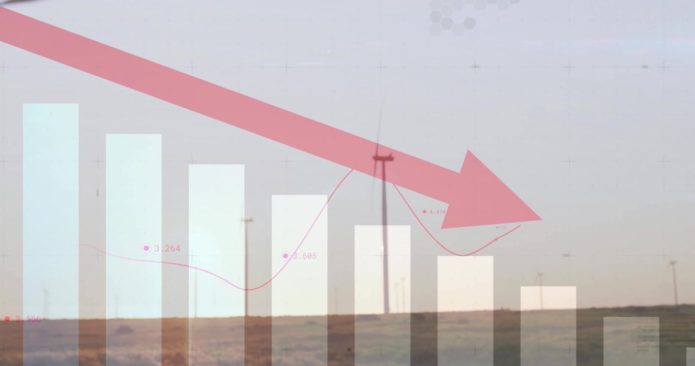 Freccia rossa trasparente che taglia diagonalmente un grafico a barre di turbine eoliche, mostrando dati energetici in calo.
