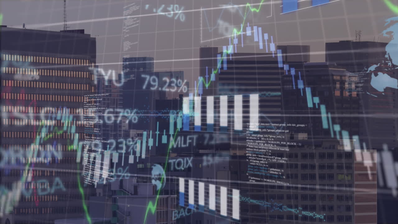 animación del procesamiento de datos estadísticos, financieros y bursátiles sobre una vista aérea del paisaje urbano