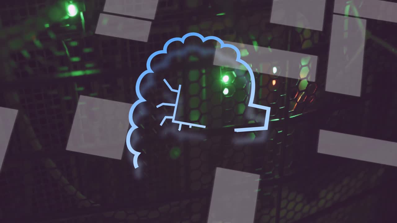 Animation of ai data processing over screens and dark background
