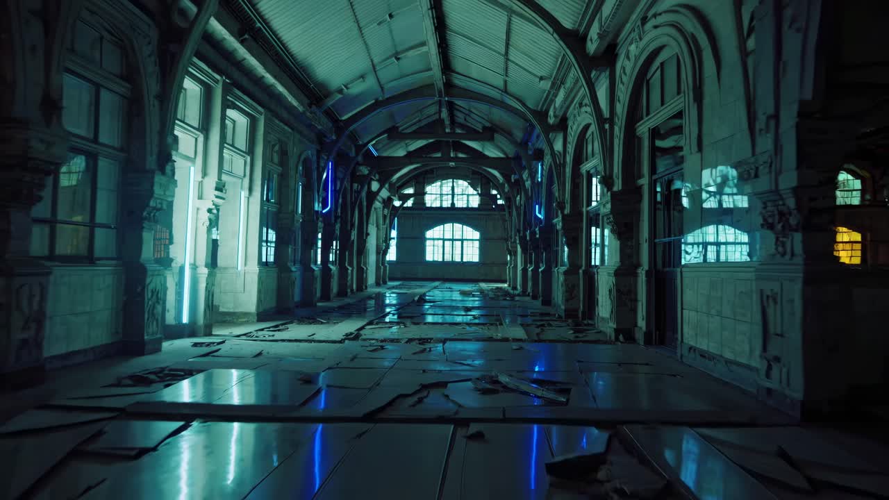 파란 빛으로 버려진 건물 복도