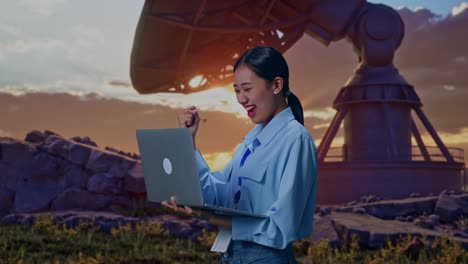 side view of an asian female professional worker standing with her laptop with large satellite dish, she raises her fist up with screaming goal after typed on the laptop