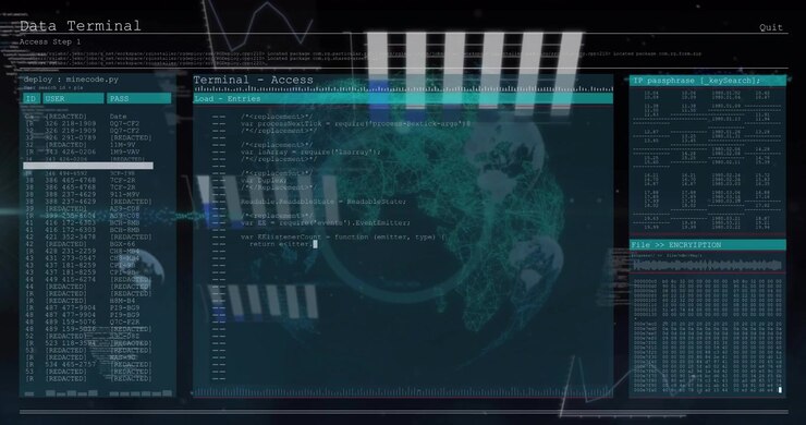 Animation of data processing on graphs and charts over global network on black background