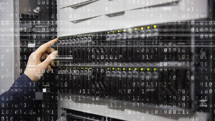 Animation of binary coding over caucasian female worker inspecting server room