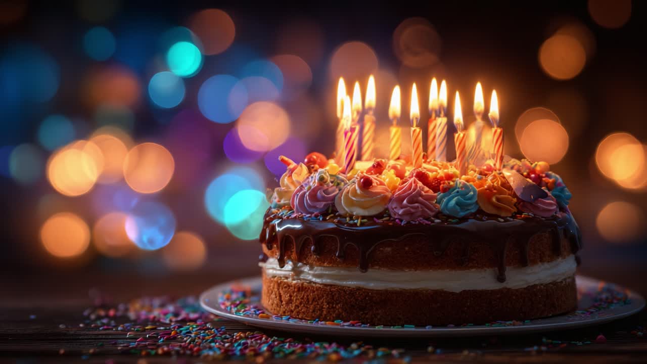 Celebration Cake With Candles and Colorful Decorations Glowing in the Background, Perfect for Special Occasions Like Birthdays or Anniversaries