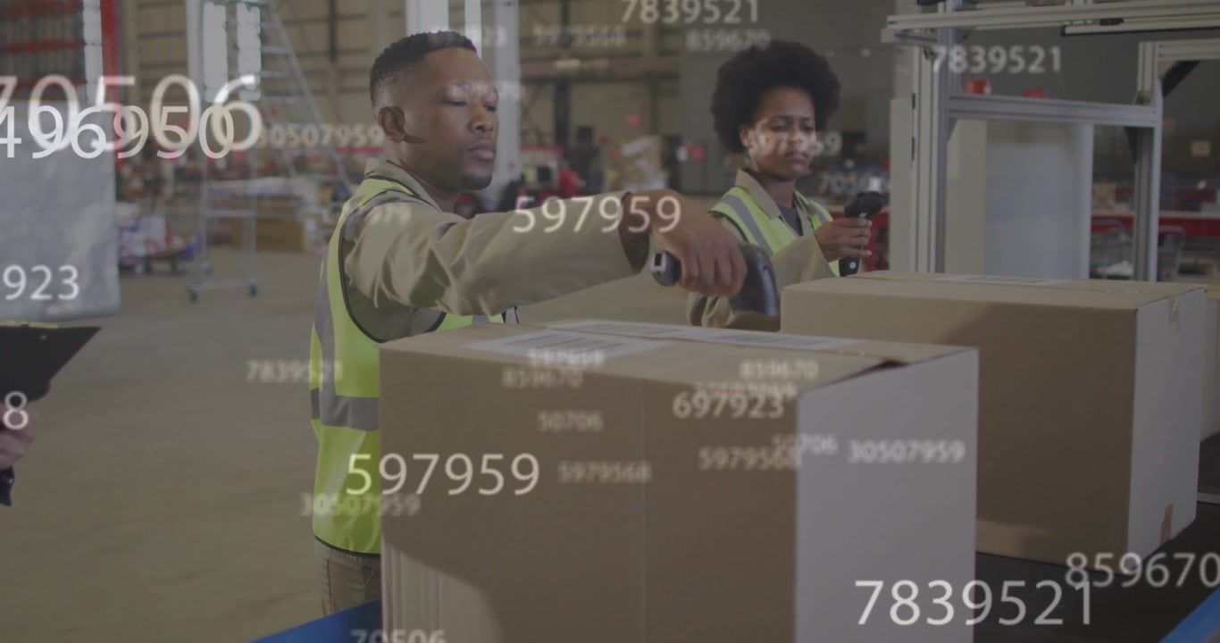 Warehouse team pulling scanner triggers generating floating barcode numbers for logistics tracking