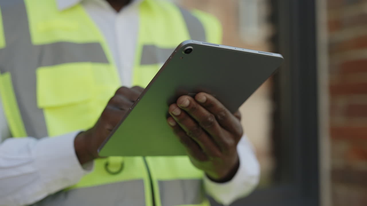 trabajador de la construcción usando una tableta