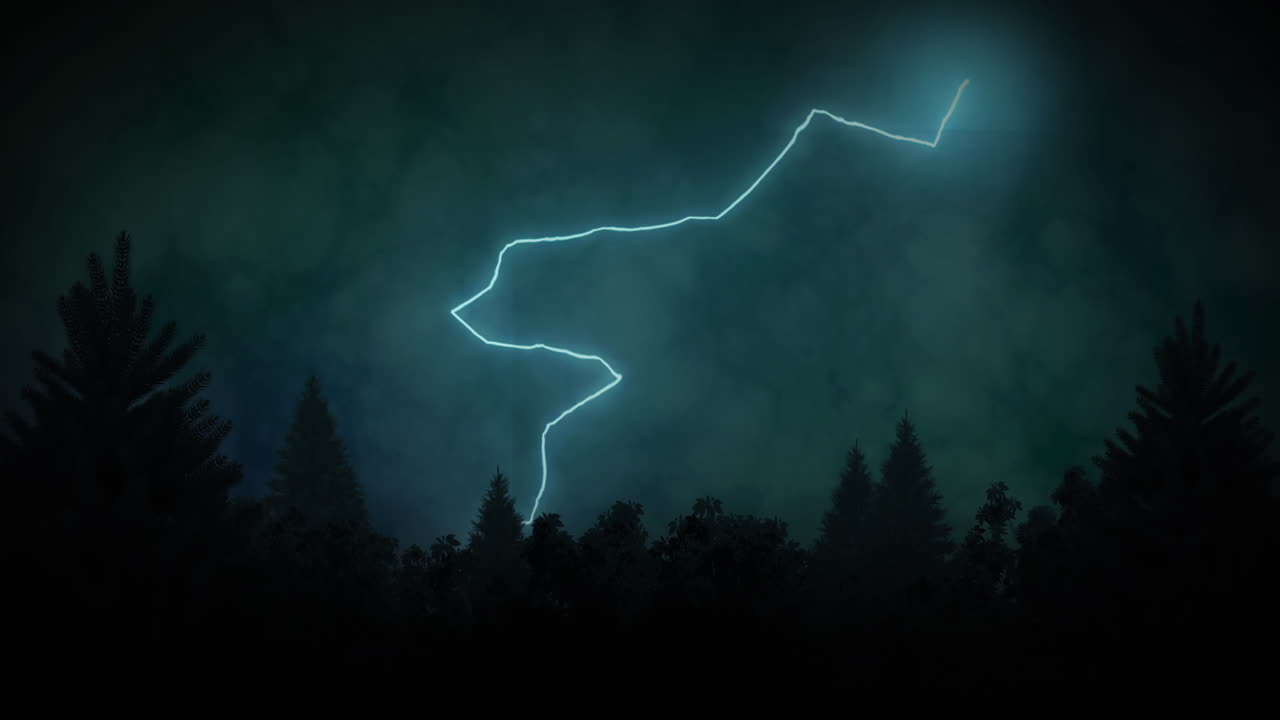 Animation of lightning striking over trees and stormy clouded sky
