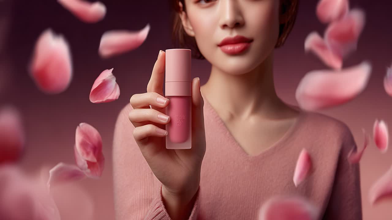 Un momento accattivante: una giovane donna tiene in mano un bellissimo prodotto per le labbra, circondata da delicati petali rosa, emanando fascino ed eleganza in un ambiente da sogno