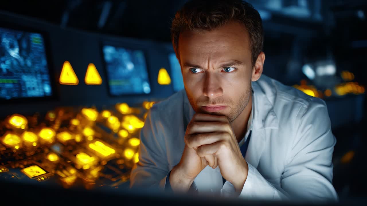 A focused individual in a high-tech control room, deeply contemplating critical decisions, as illuminated panels and screens surround him, emphasizing the pressures and responsibilities of his role