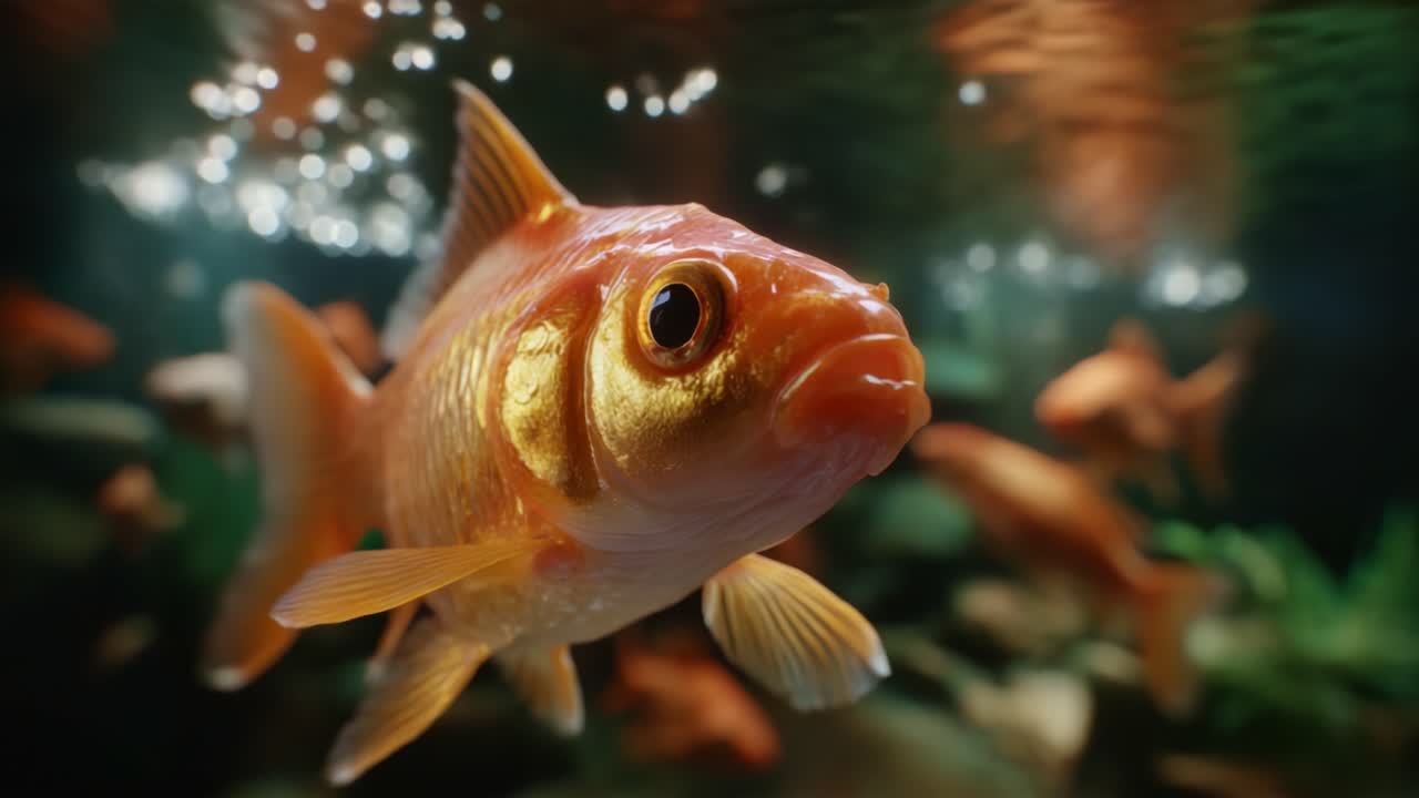 Primo piano di un pesce rosso vivace che nuota in un acquario cristallino, che mostra le sue bellissime pinne e il colore arancione brillante su uno sfondo scintillante