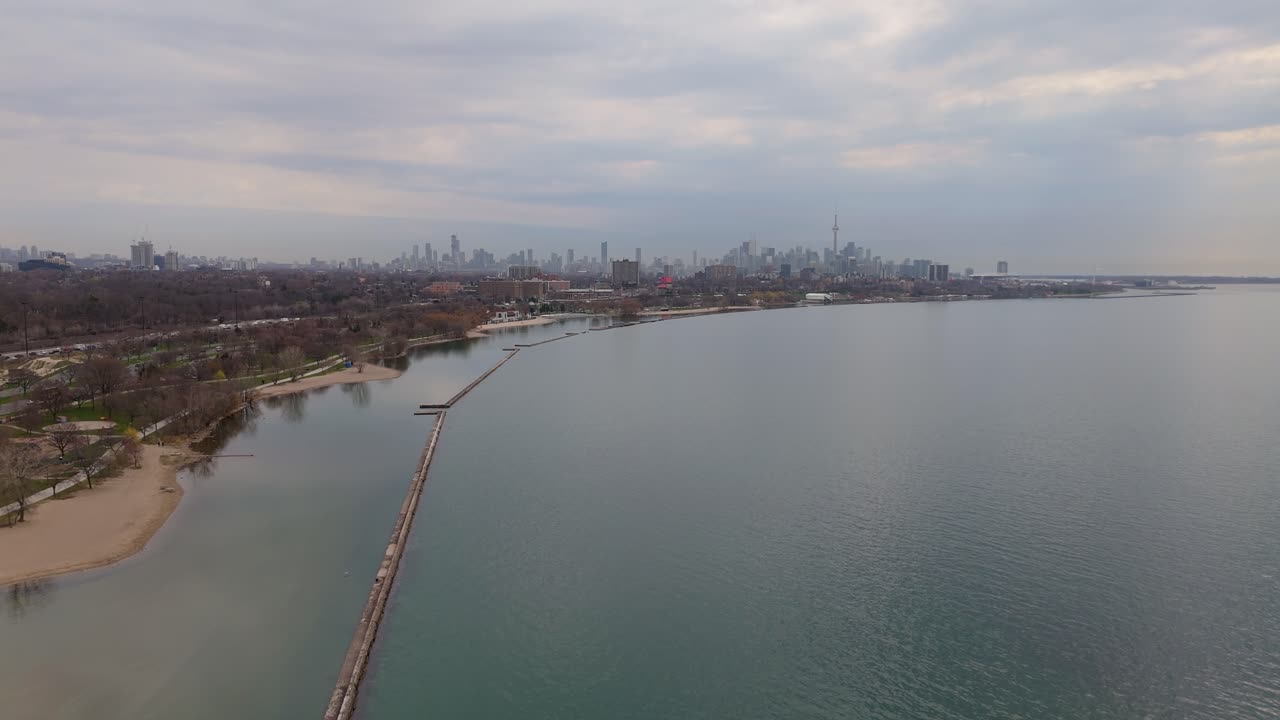 Drone establishing Lake Ontario shoreline near Park Lawn in Toronto, Canada