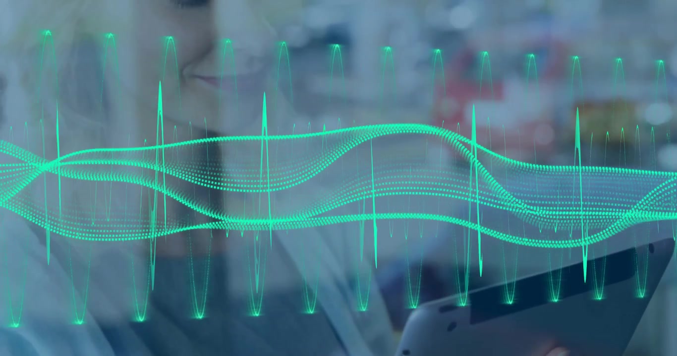 Transparent green waveform pulsing shifting focus to woman tapping tablet reviewing data in retail