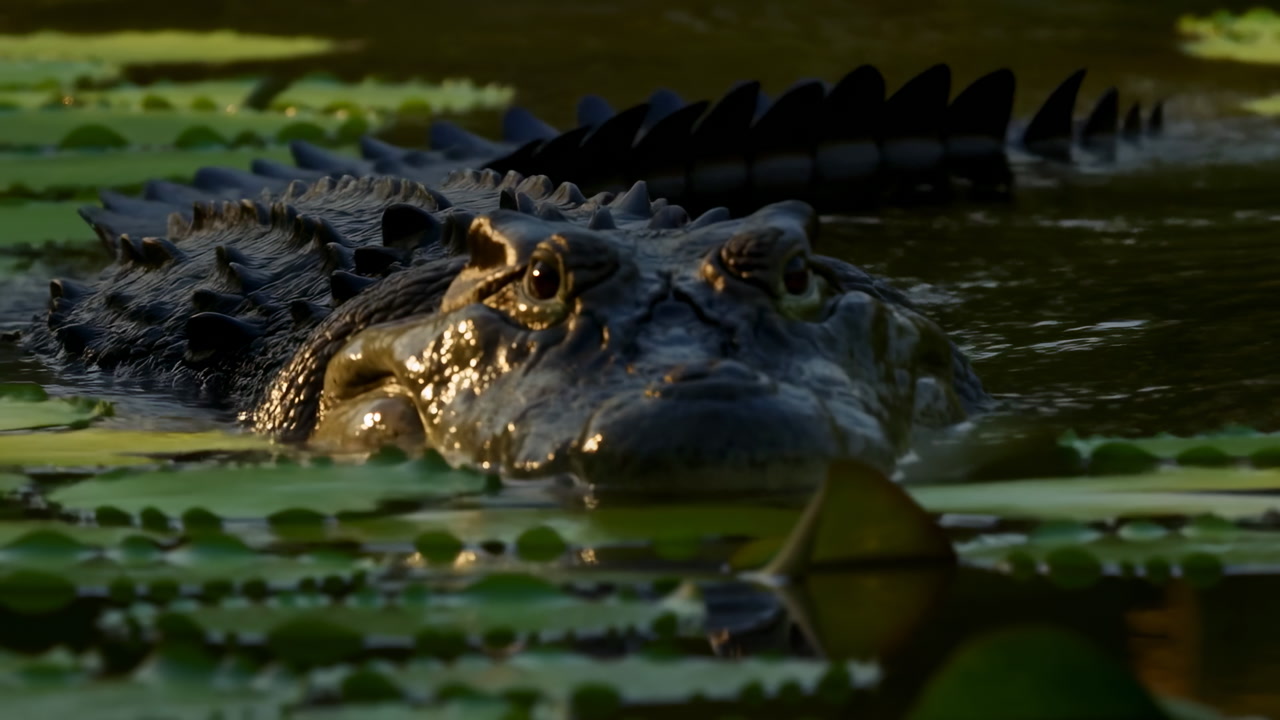 Low Light Swamp Crocodile Slowly Emerging, Eyes Above Water, Lily Pads And Floating Vegetation, Subtle Ripples