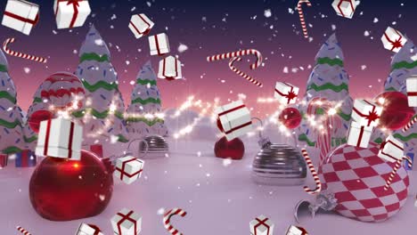 gifts and candycane falling over baubles on winter landscape