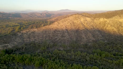 Aerial-view-of-bushes-and-mountains-at-sunset