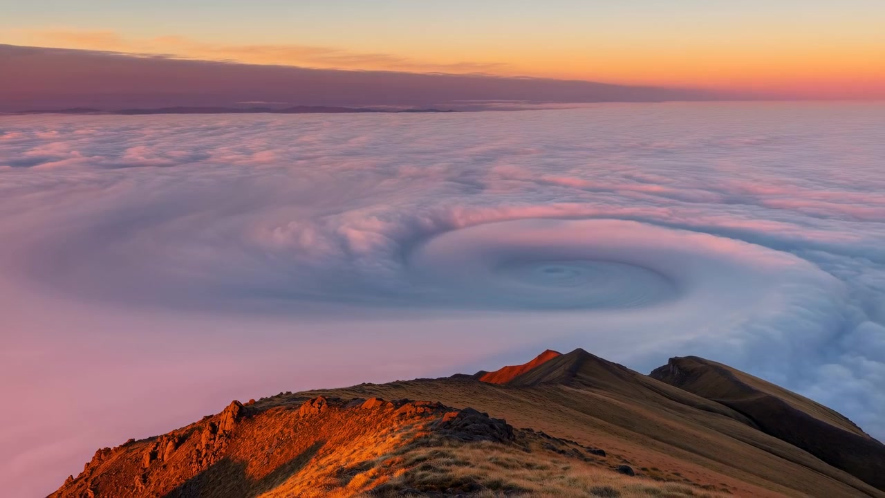 Nuvole a movimento lento si arricciano in anelli visibili sopra un terreno montuoso scuro, mentre la luce mutevole dell'alba passa dal blu freddo al rosa tenue e all'arancione attraverso un ampio orizzonte atmosferico.