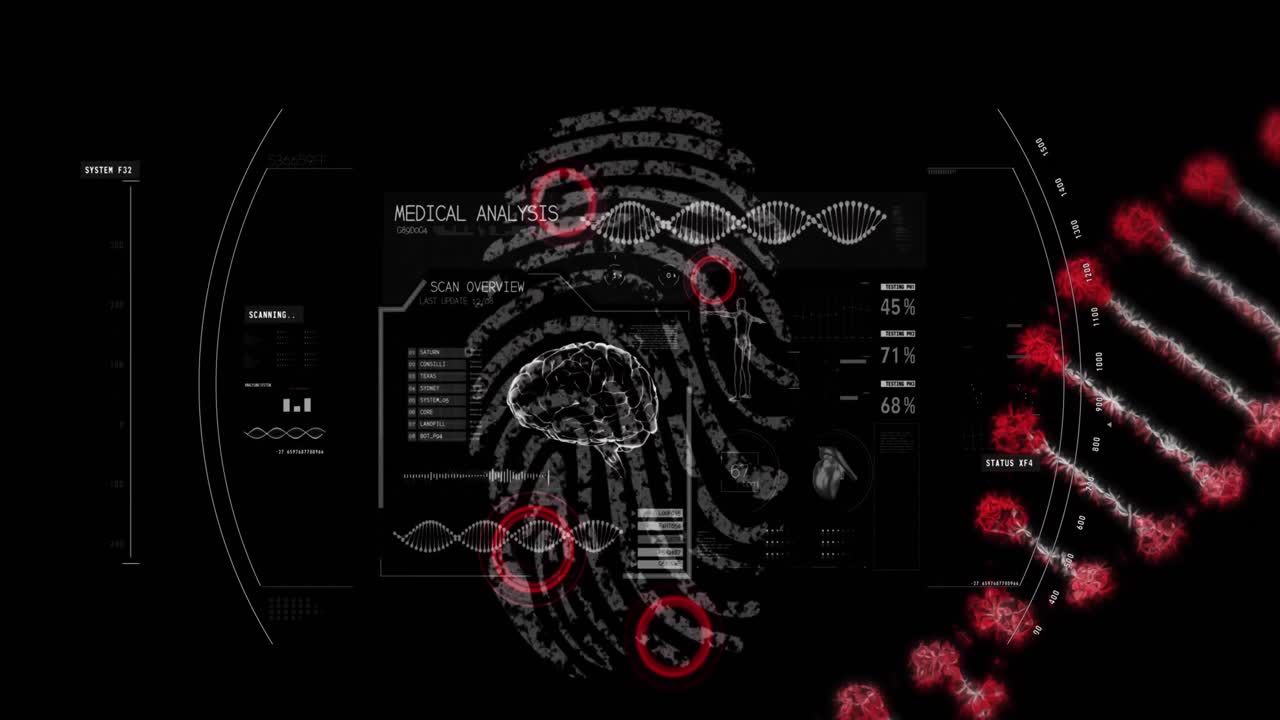 анимация обработки данных и днк, вращающаяся над биометрическим отпечатком пальца