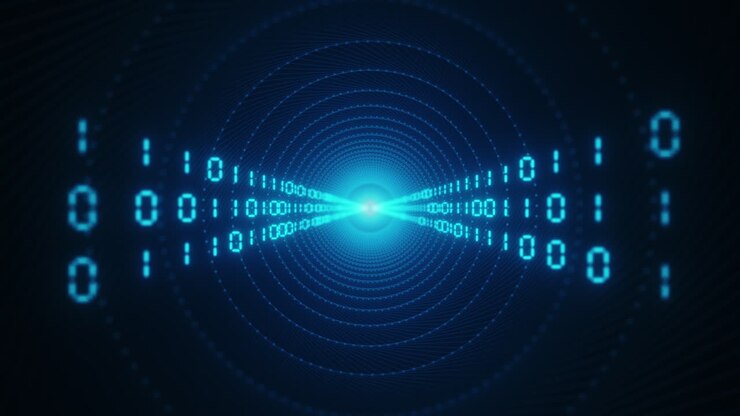Information flow futuristic matrix transfer digital code numbers big data tunnel 3d rendering