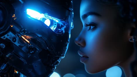 Close encounter between human and robot. A human girl gazes intently at a robot, capturing a moment of connection amidst blue lighting at night.
