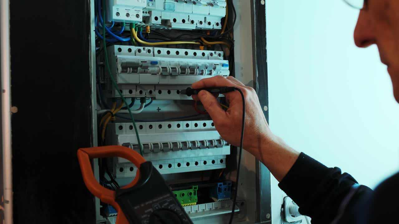 los electricistas ponen las manos a probar la corriente eléctrica en el panel de control. el ingeniero electricista trabaja midiendo el voltaje y la corriente de la línea eléctrica en el control del gabinete eléctrico.
