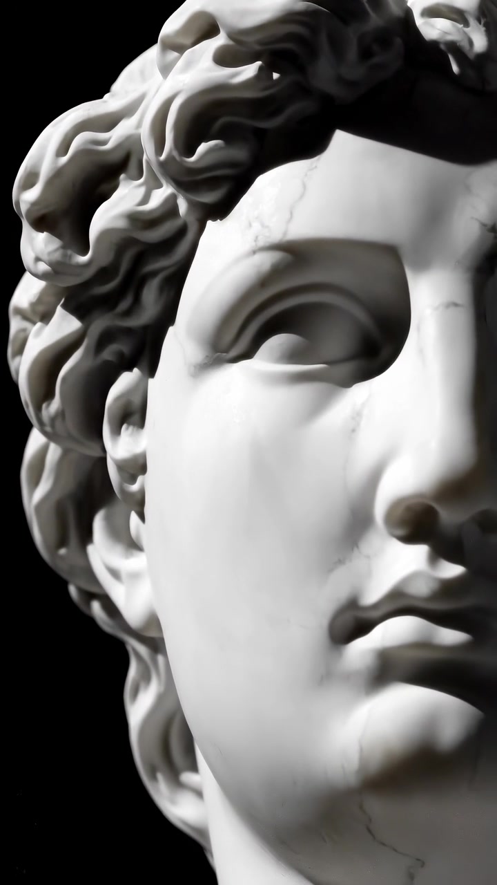 Primo piano del volto di una scultura classica in marmo su sfondo nero