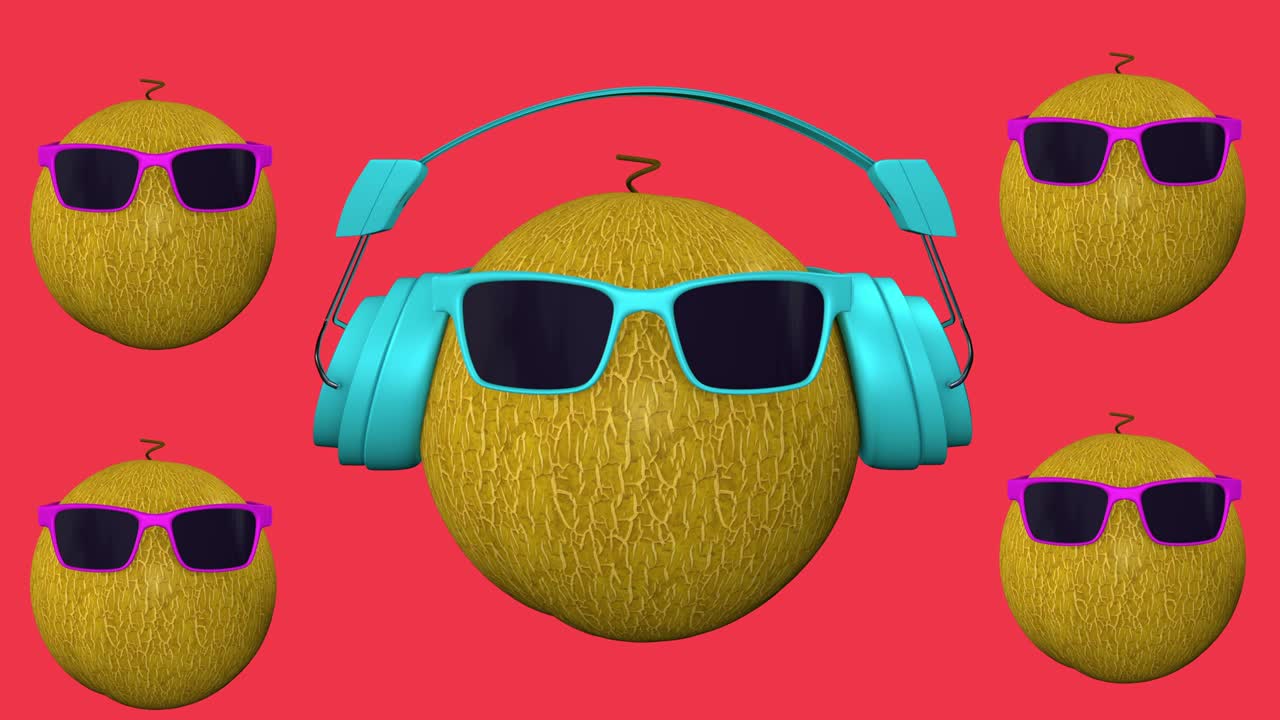 3D-animation i loop af en smart melon. Dansende frisk melon med hovedtelefoner og solbriller