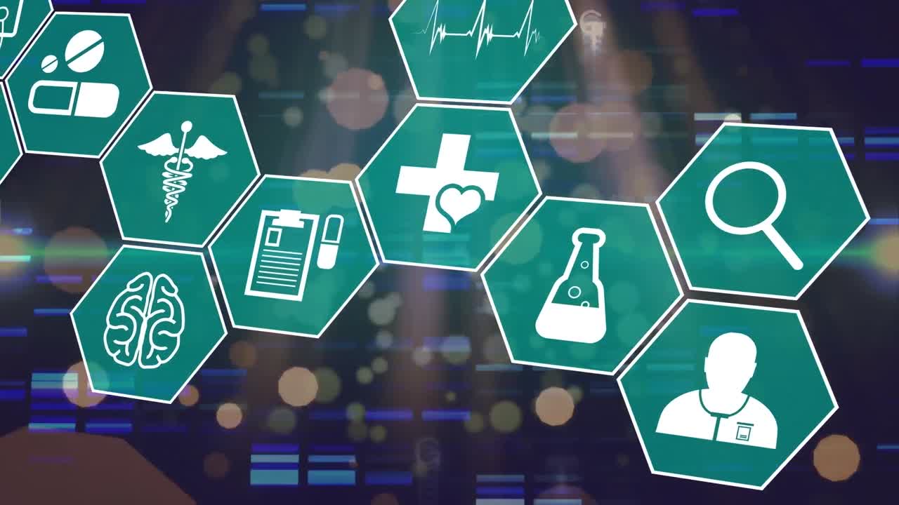 animación de iconos científicos en hexágonos sobre un fondo oscuro con puntos