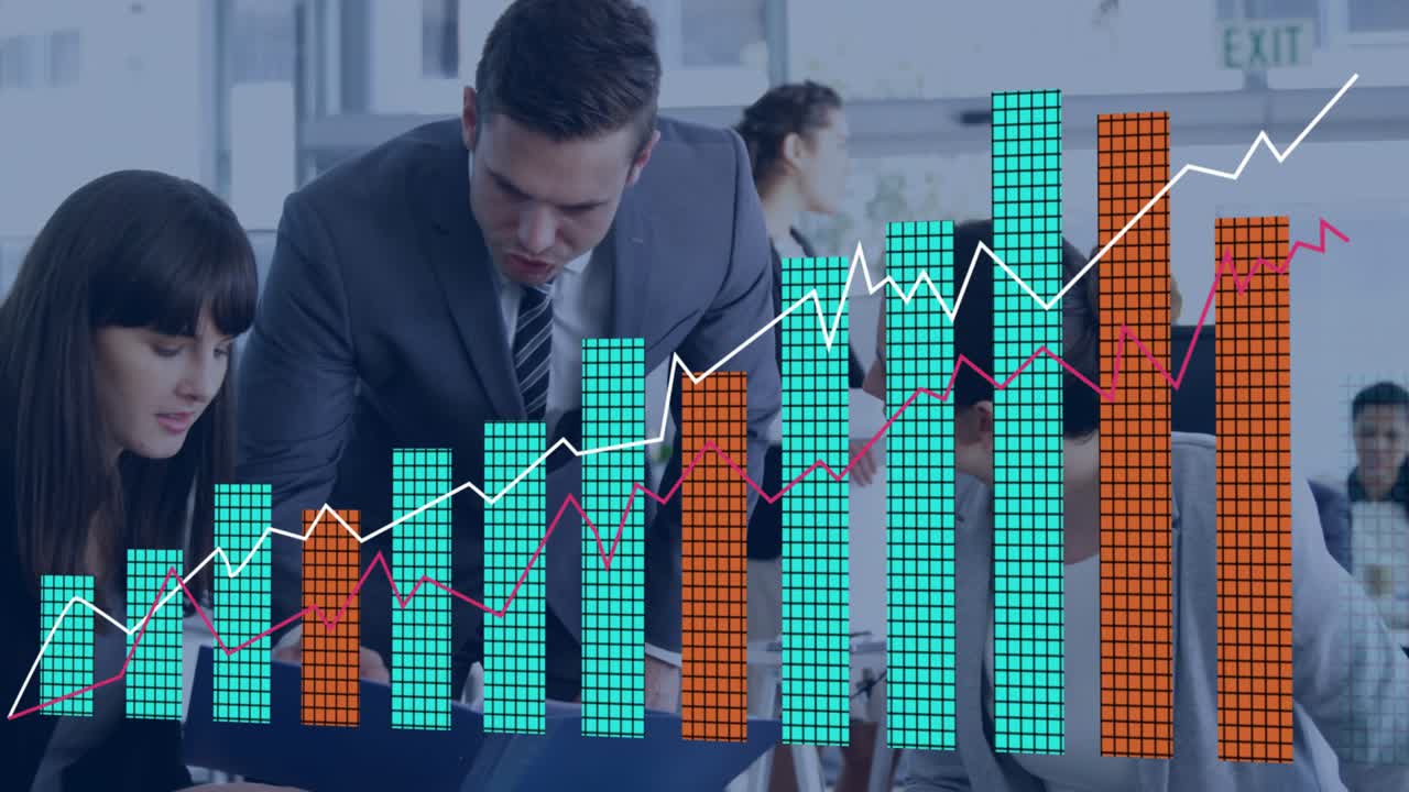 Business team opening file initiating turquoise chart bars popping lines rising highlighting growth