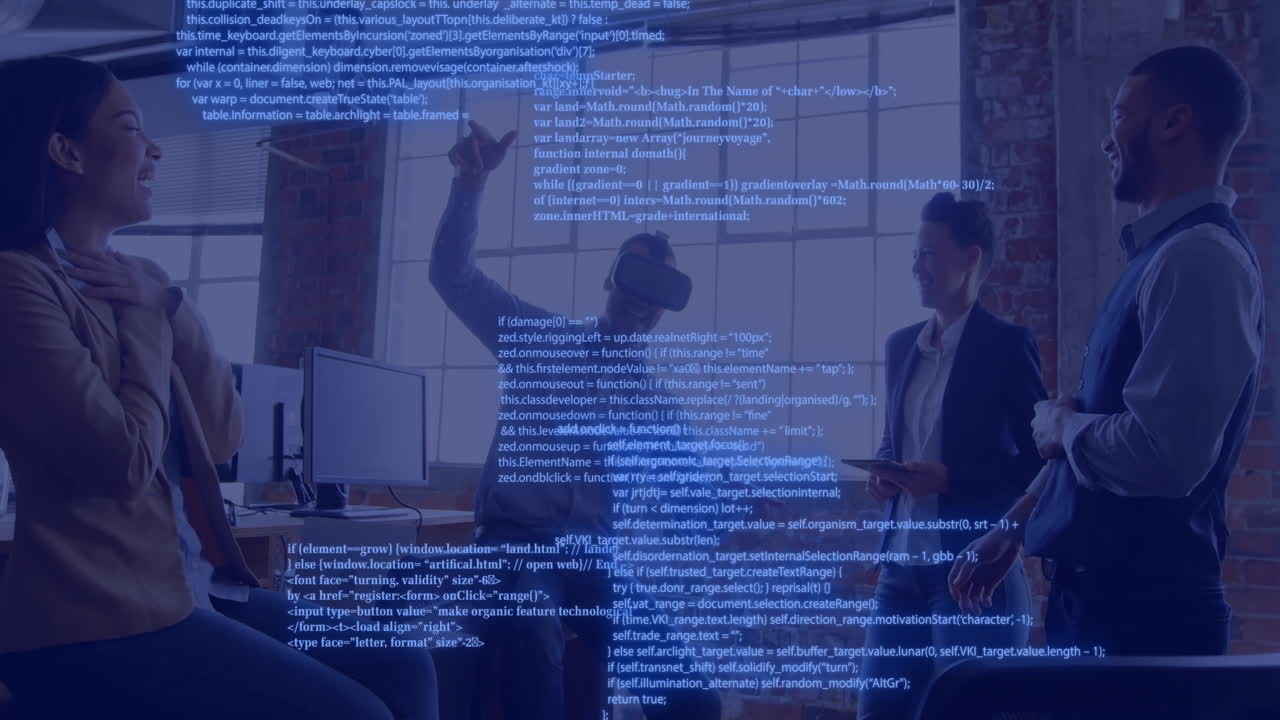 Celebrating business team in office with programming code animation over them