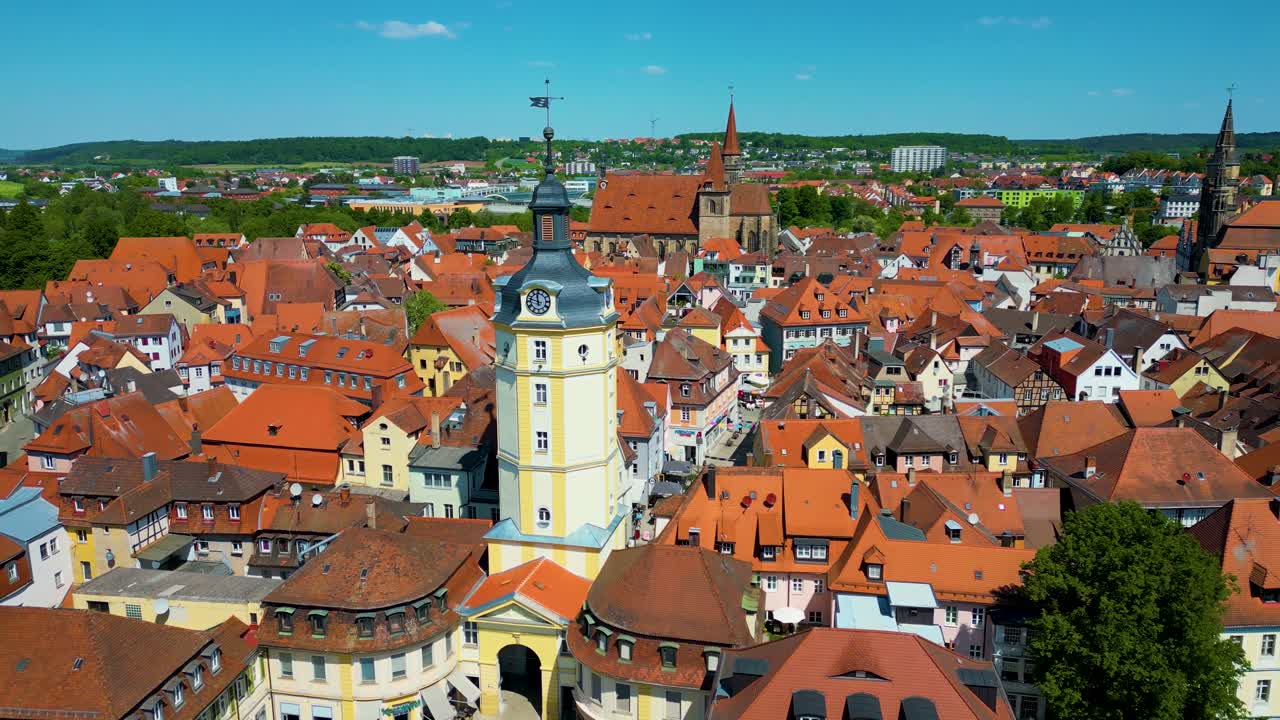 4K Aerial Drone Video of the Historic St. Johannis Church in the Old Town area of Downtown Ansbach, Germany