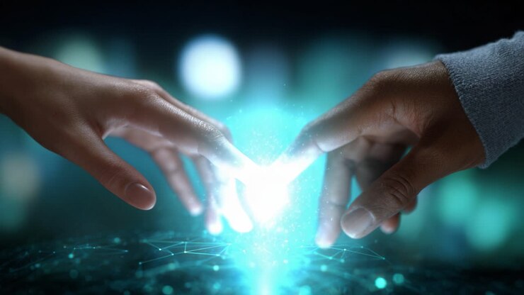 A Captivating Moment of Connection: Two Hands Reaching Out to Each Other Amidst a Glowing Digital Landscape of Energy and Light in a Futuristic Setting