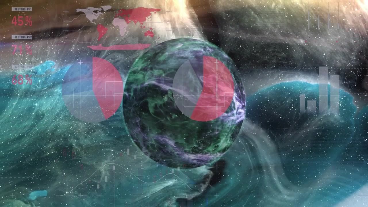 Planeta que se desplaza a la vista, haciendo que aparezcan paneles, gráficos formando un mapa que emerge y mostrando estadísticas.