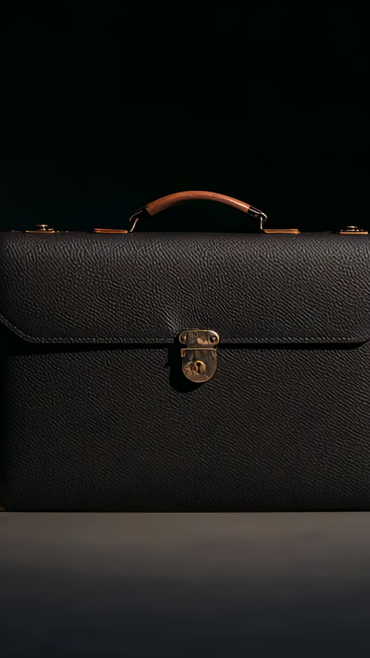 Vertical video: Lifting camera revealing briefcase on tabletop, showing leather texture, hardware
