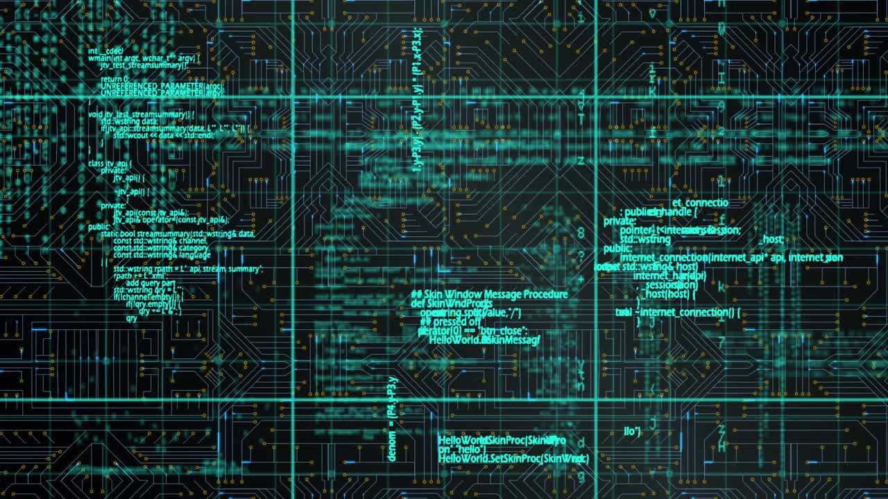 Animation of computer circuit board over data processing on black background