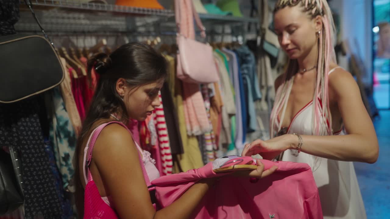 Two women shopping for clothes in a store