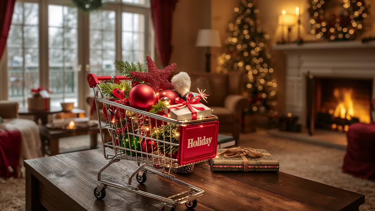 Opening camera focusing shopping cart holding ornaments and gift box on coffee table in living room