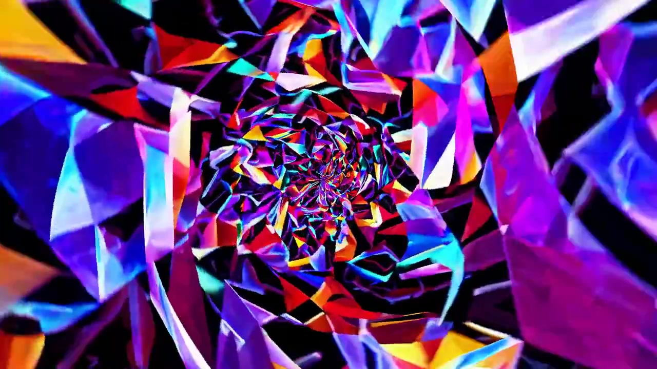 Animated Abstract Kaleidoscope Tunnel with Swirling Colorful Geometric Shapes