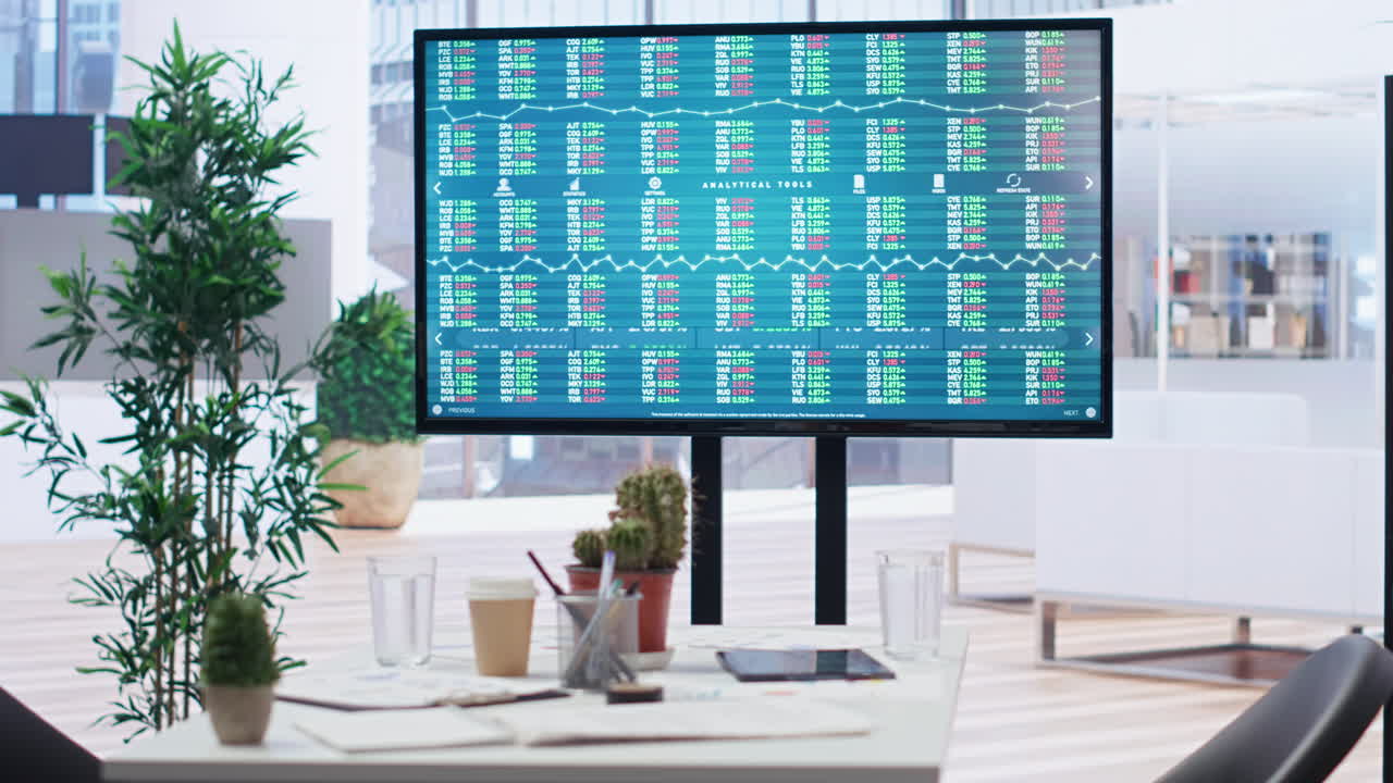 Broker trading economic analytics figures on big screen in empty workspace