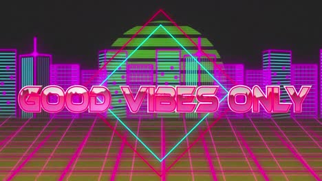 Good-vibes-only-text-over-neon-banner-against-grid-network-and-neon-cityscape-on-black-background