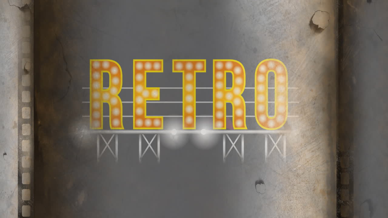 회색 금속 배경에 전구와 함께 노란색으로 레트로 빈티지 텍스트의 애니메이션