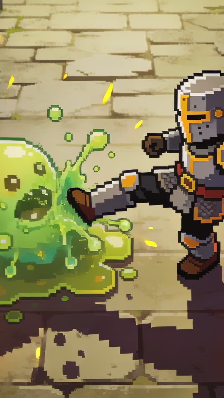 Vertical video: Kicking armored knight attacking green slime on cobbles ...