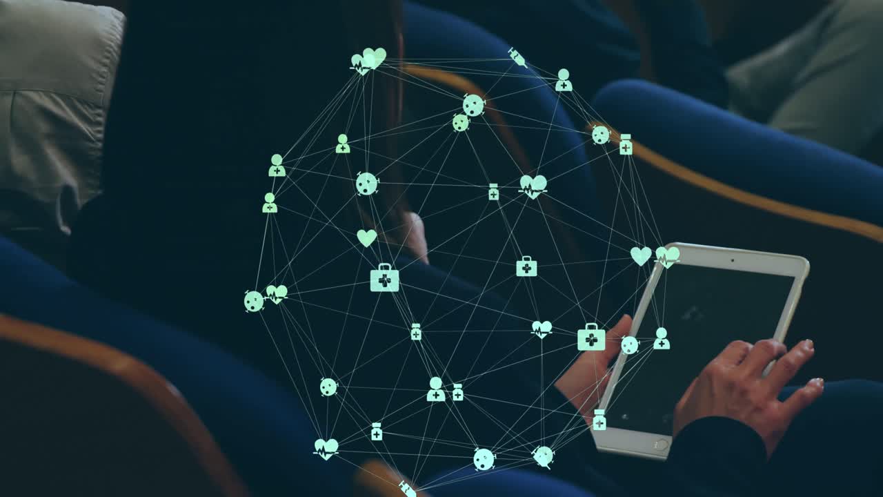 Animation of globe of connections with icons over caucasian businesswoman using tablet