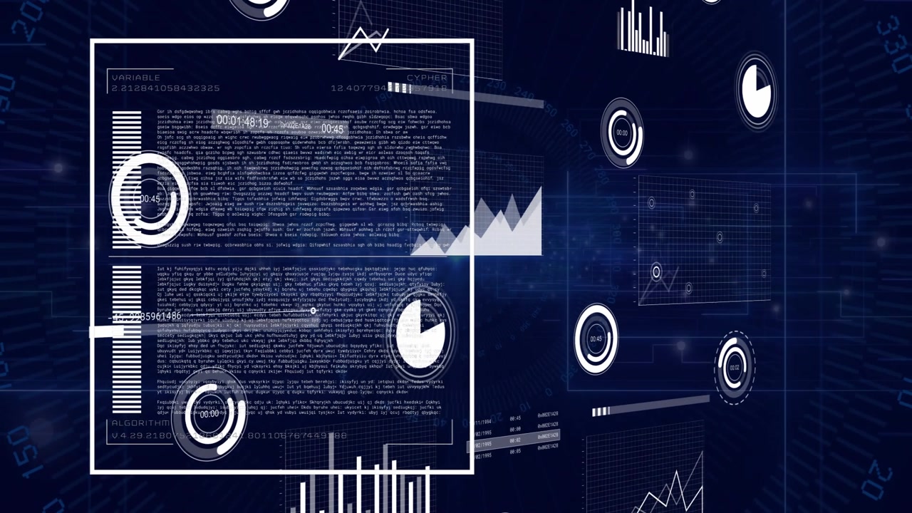 Flat design interface showing dark blue dashboard featuring floating code blocks, gauges, charts
