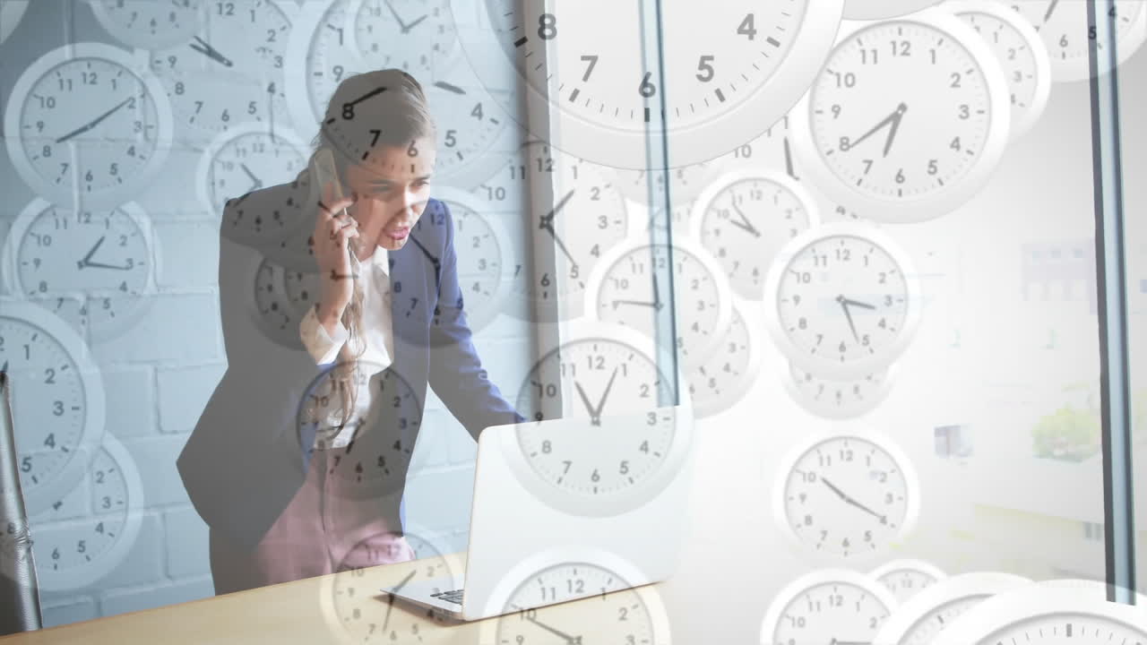 Animation of clocks moving over caucasian businesswoman talking on phone